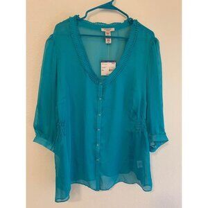 NWT Covington Sheer Blouse Womens Plus Size 20W Teal LS2